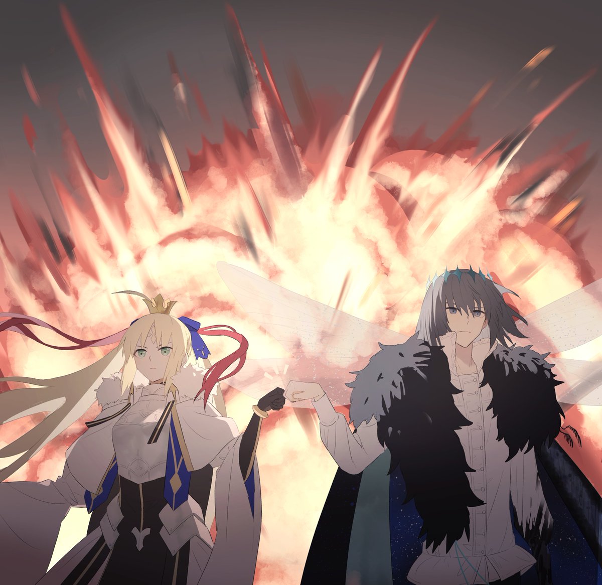 artoria caster (fate) ,artoria pendragon (fate) ,oberon (fate) 1girl 1boy crown blonde hair green eyes wings holding hands  illustration images