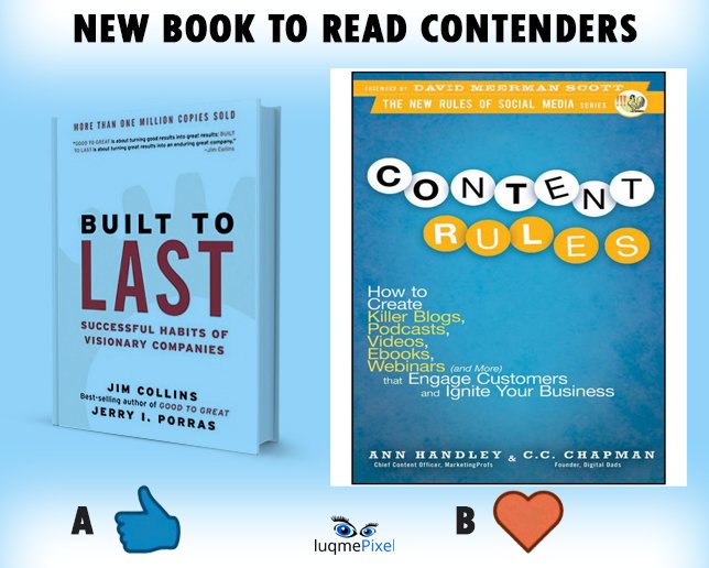 luqmane1's tweet image. Spoilt for choice 𝗔 or 𝗕

𝙉𝙚𝙬 𝙗𝙤𝙤𝙠𝙨 𝙩𝙤 𝙧𝙚𝙖𝙙 𝘾𝙤𝙣𝙩𝙚𝙣𝙙𝙚𝙧𝙨 𝘐𝘯 𝘴𝘩𝘢 𝘈𝘭𝘭𝘢𝘩!
#books #builttolast #contentrules #jimcollins #annhandley #ccchapman #startup #entrepreneurship #business 

Luqmepixel🇰🇪
© Brandpreneur
@lu_qme 👣