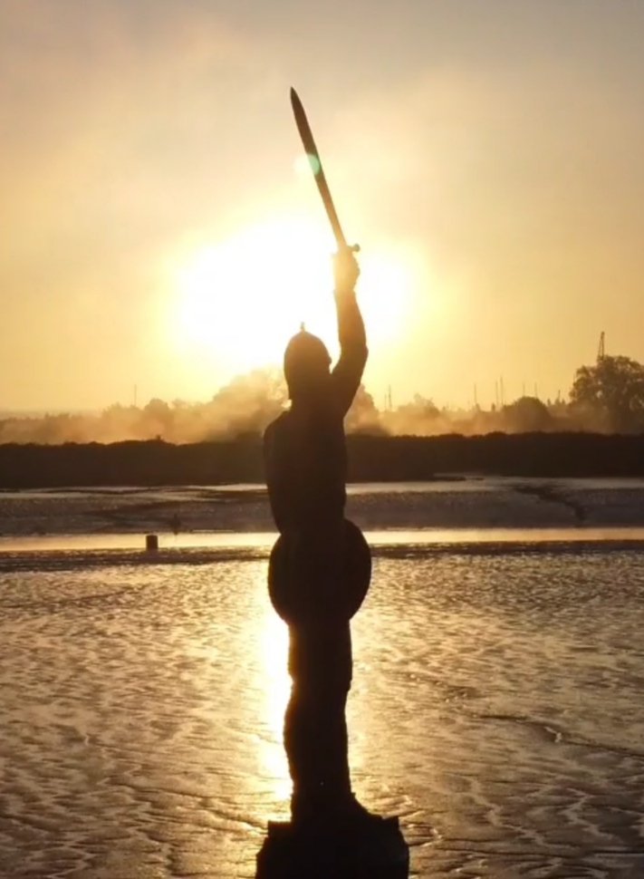 Statue of Byrhtnorth. A wonderful Sunrise today in Maldon, Essex. YouTube upload to follow...
