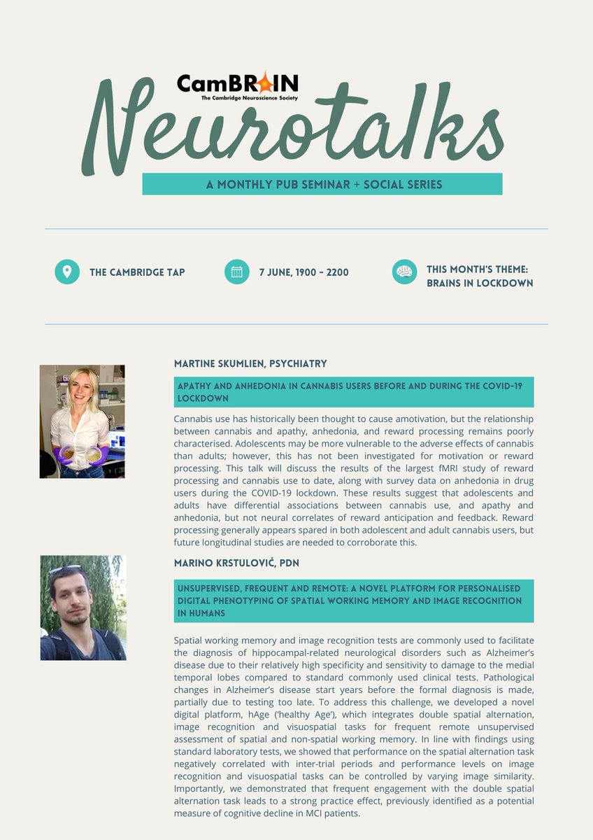 CamBrainCNS's tweet photo. Happy to share the line-up for next week's Neurotalks on 'Brains in Lockdown' - our last Neurotalks event of the academic year, so be sure to join us! Casual talks and a bar all of our own, what more could you want!?
Tues 7 June, 7pm @ The Cambridge Tap https://t.co/NHh96QQQ36