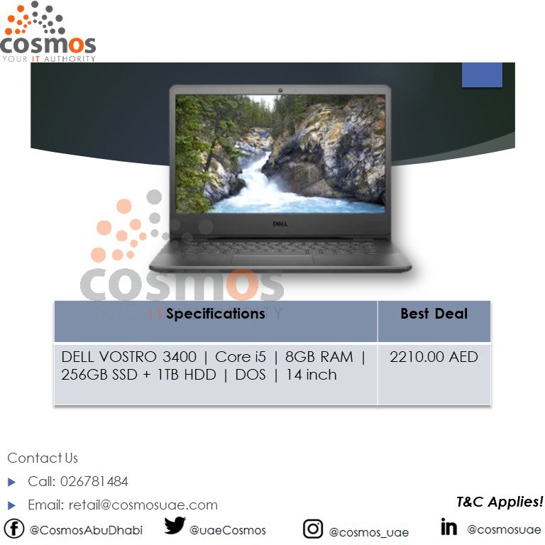 uaeCosmos's tweet photo. DELL VOSTRO 3400 // Available in stock NOW!

For inquiries:
Call: 026781484
Email: retail@cosmosuae.com
Address: Behind Al Rostamani Exchange, Electra Street, Abu Dhabi

#CosmosUAE #CosmosComputers #Promo #Offer #IT #laptop #dell #CosmosSnaps #CosmosRetail https://t.co/ErI8lSCEzP