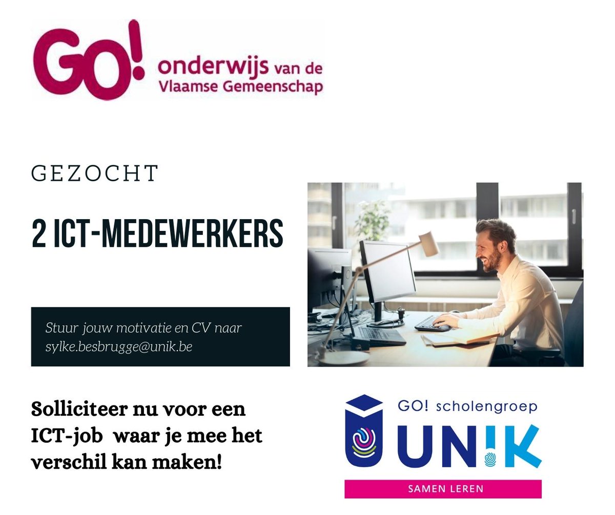 SGR_UNIK's tweet photo. Ben je op zoek naar een ICT-job waarbij je echt het verschil kan maken? Dan solliciteer je best bij scholengroep UN!K.
Stuur jouw motivatiebrief en CV naar: sylke.besbrugge@unik.be https://t.co/VAOkfpvLwv