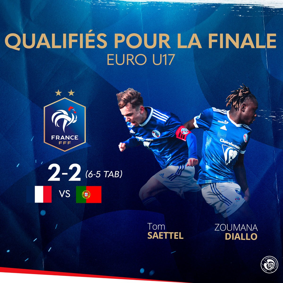 RCSA's tweet photo. 🇫🇷 #SélectionsRCSA | 𝐒𝐚𝐞𝐭𝐭𝐞𝐥 𝐞𝐭 𝐃𝐢𝐚𝐥𝐥𝐨 𝐞𝐧 𝐟𝐢𝐧𝐚𝐥𝐞 !

✅ Equipe de France U17 2-2 (6-5 TAB) Portugal U17
🏆 1/2 finale #EuroU17 

⏱️ Titulaire, Tom #Saettel est sorti à la 85e
🎯 Entré en jeu à 5 minutes de la fin, Zoumana #Diallo a inscrit le 2e tir au but ! https://t.co/7MdWMXsuqv