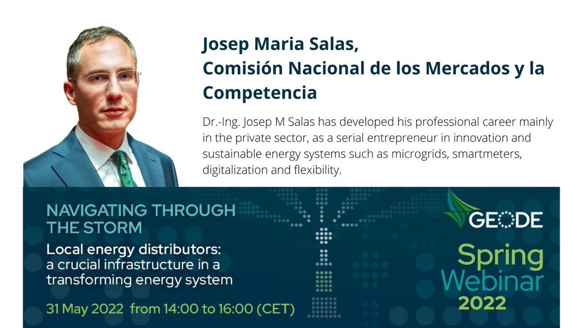 📢El consejero de la <a href="/CNMC_ES/">CNMC</a> Josep Salas <a href="/Pep_Salas/">Pep_Salas</a> participa en el #SpringSeminar2022 este martes a partir de las 14h. <a href="/GEODE_EU/">GEODE</a> 
<a href="/CEERenergy/">CEER</a> 
Más información e inscripciones: bit.ly/GEOSS202