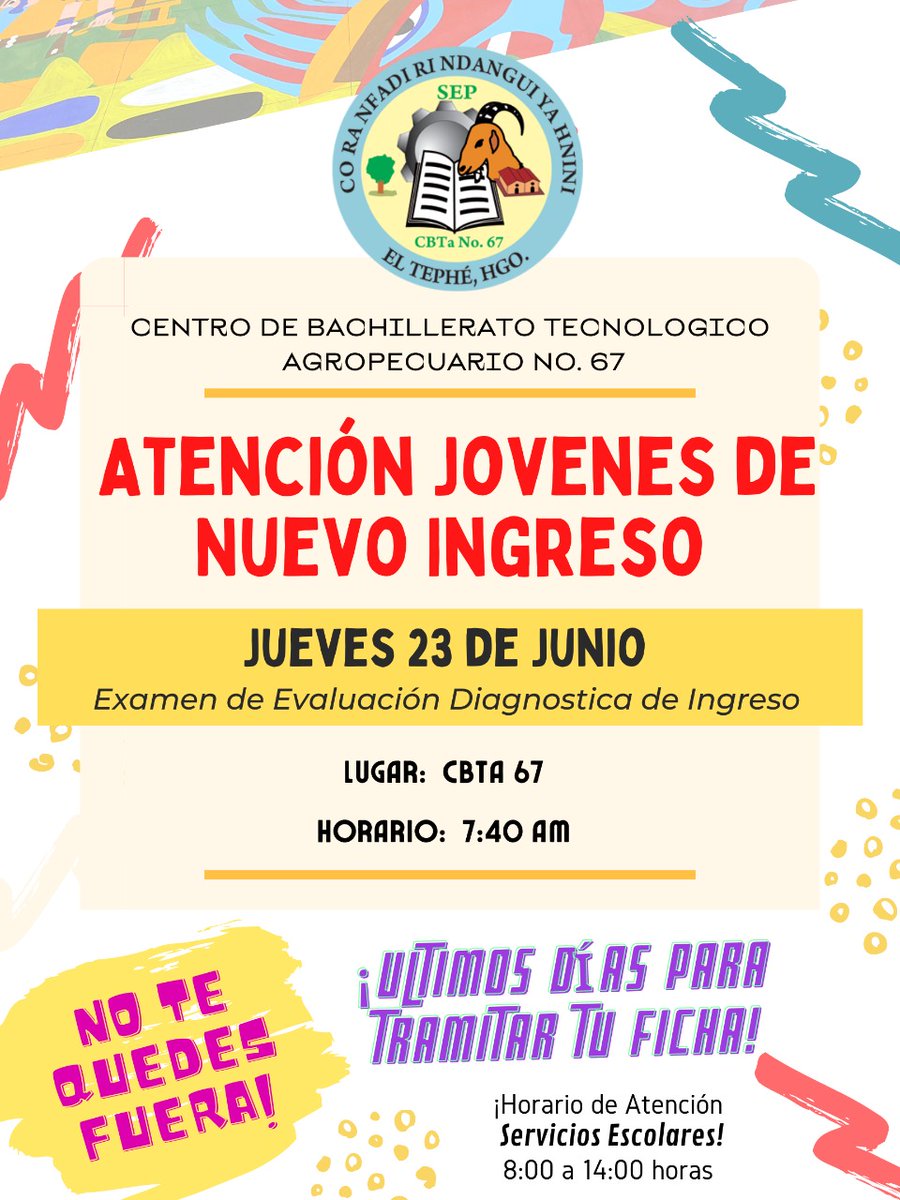 CBTa67Oficial's tweet photo. ¿Estás buscando donde estudiar tu Preparatoria?
El CBTa 67 es tu mejor opción.
Solicita tu FICHA.
El examen de Admisión es el 23 de Junio.
#SomosChivos
#CBTa67
#DGETAyCM https://t.co/IoXqxoCCJx