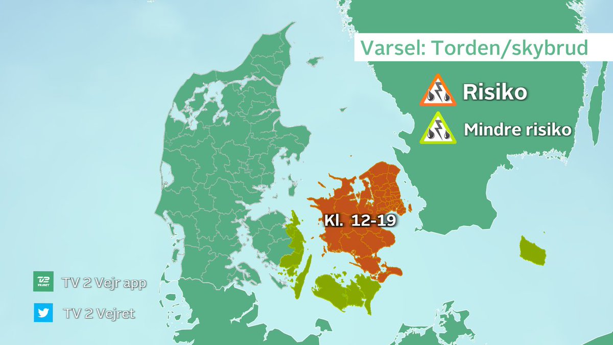 TV 2 Vejret varsler risiko for lokale skybrud for Sjælland - mindre risko for skybrud for Sydhavsøerne og Bornholm. Følg udviklingen på radar.tv2.dk #skybrud
