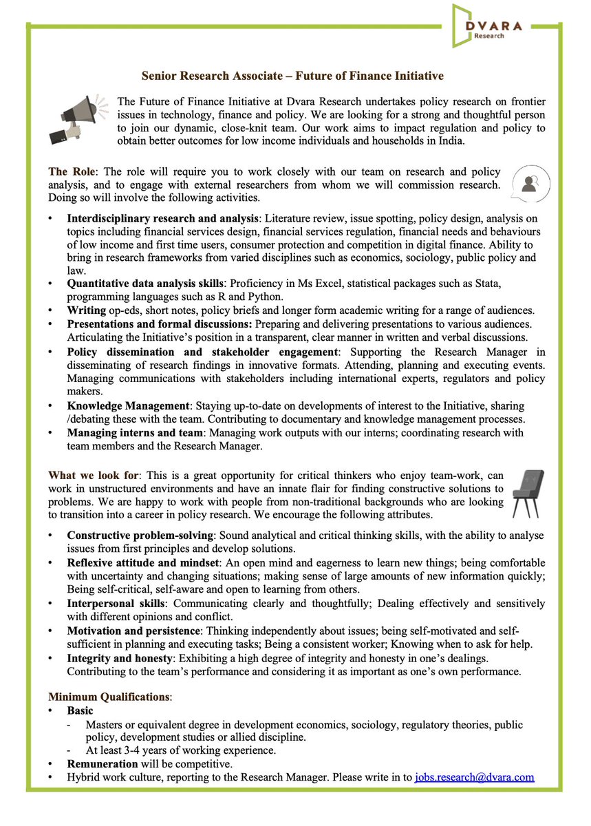 Beni Chugh (@benichugh) on Twitter photo 📢📢Inviting candidates for Senior Research Associates at the Future of Finance Initiative <a href="/dvararesearch/">Dvara Research: Public Policy & Advocacy</a>📢📢
A mid senior level position focused on understanding challenges and uncovering solutions for furthering responsible #digital #financialinclusion in India
JD👇🏽 📢📢Inviting candidates for Senior Research Associates at the Future of Finance Initiative <a href="/dvararesearch/">Dvara Research: Public Policy & Advocacy</a>📢📢
A mid senior level position focused on understanding challenges and uncovering solutions for furthering responsible #digital #financialinclusion in India
JD👇🏽