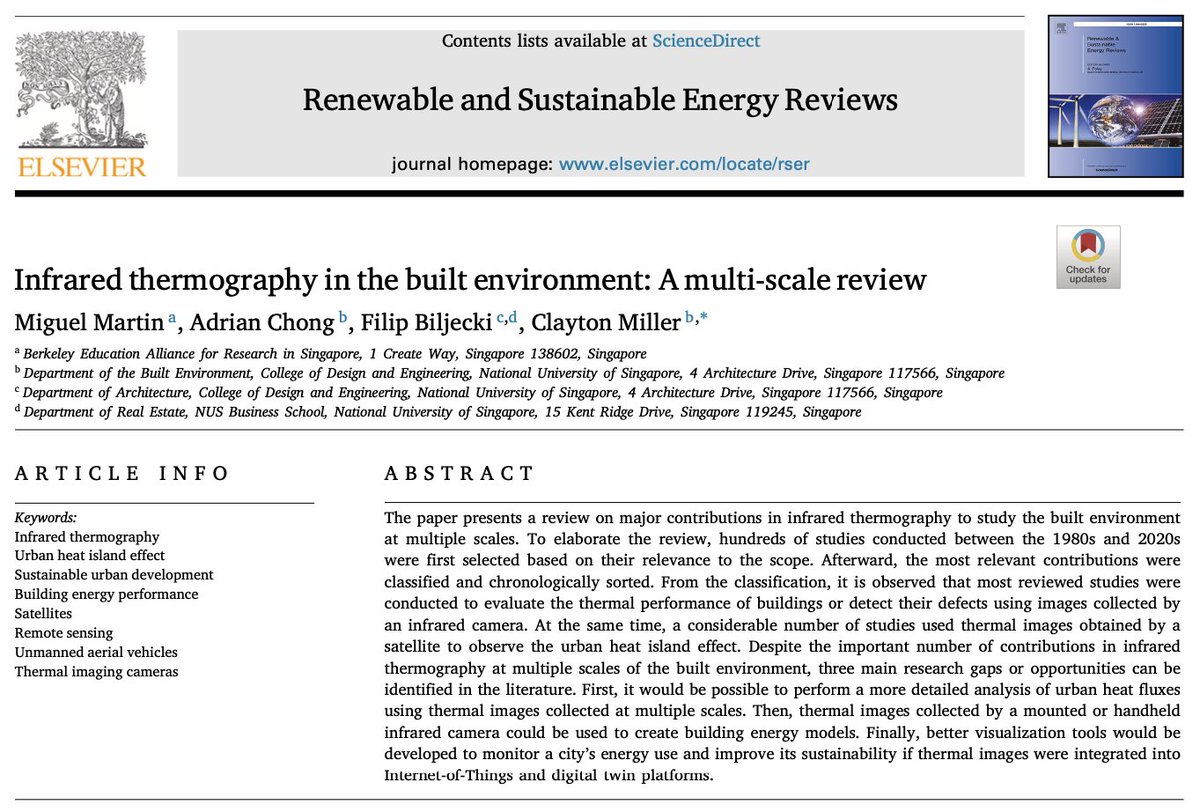 New paper in RSER: understanding the development and application of infrared thermography in the built environment. Thanks to Miguel Martin (BEARS), Adrian Chong, and Clayton Miller <a href="/buds_lab/">NUS Building and Urban Data Science Lab</a> for the collaboration. Open access at doi.org/10.1016/j.rser…
