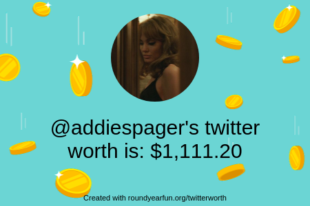 addiespager's tweet photo. My Twitter worth is: $1,111.20

Find yours with https://t.co/fgMhAR60DT

⠀ https://t.co/apwzFYMrrw