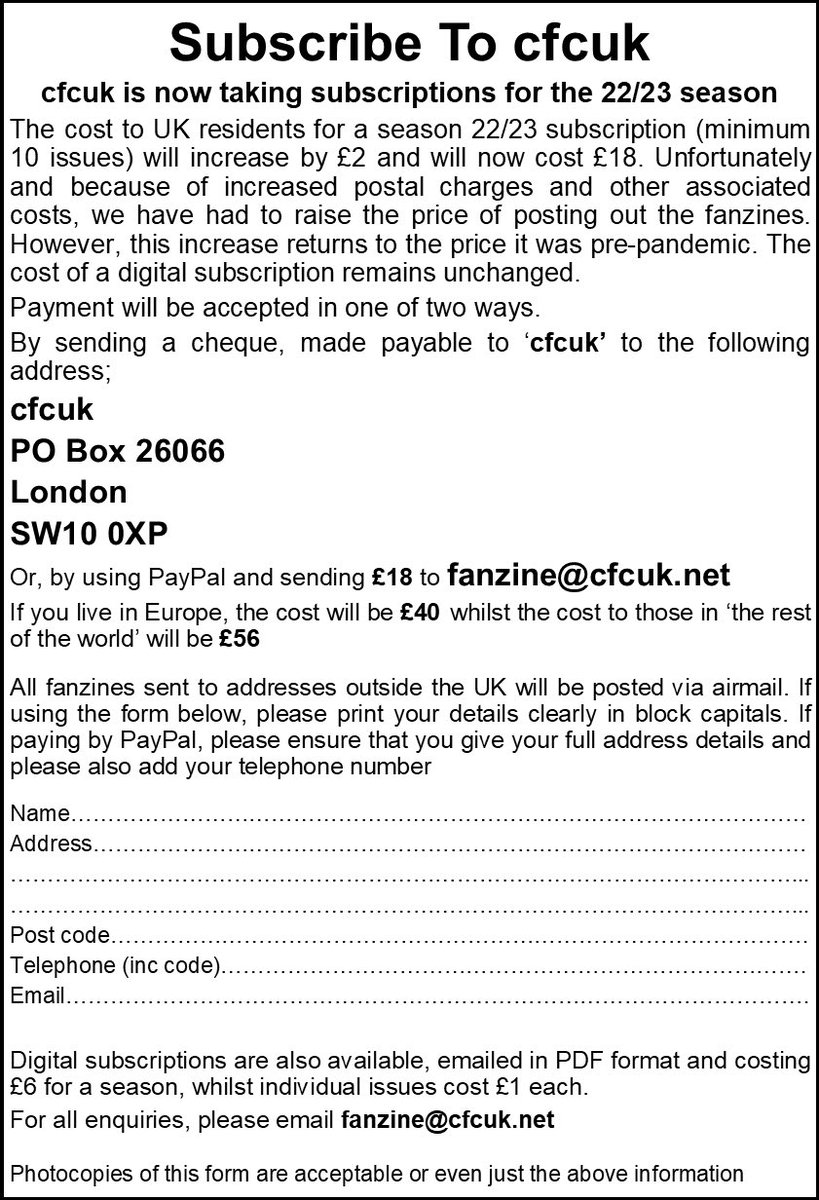 Featuring a wide range of opinions on all things Chelsea, cfcuk is written by some of the best writers out there  
The options to buy are either hard-copy or digital, as explained in the attached form
Your help in keeping the fanzine going will be appreciated
Thank you 
#HurryUp