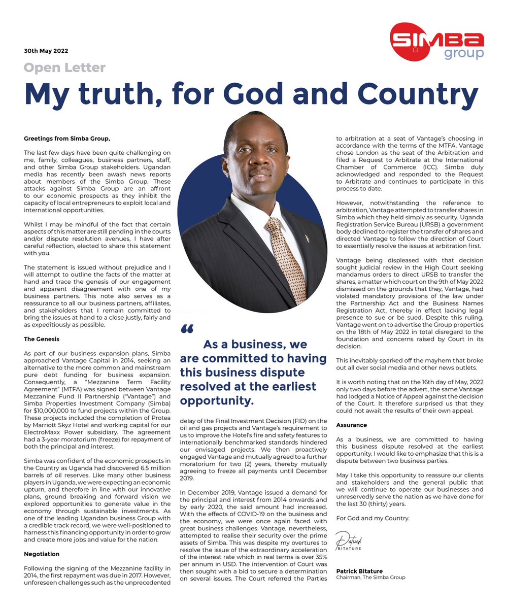 There have been several rumours and attacks made against me and The Simba Group Of Companies on both social and mainstream media stemming from the Vantage Loan Saga.

In this open letter, I share my truth as to what truly transpired.