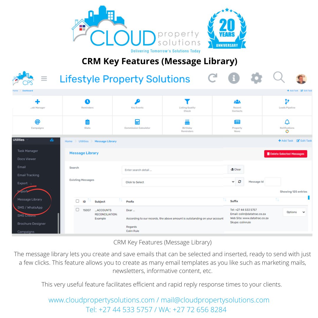 CloudPropertySA's tweet photo. CLOUD PROPERTY SOLUTIONS 
CRM Key Features MESSAGE LIBRARY
The message library lets you create and save emails that can be selected and inserted, ready to send with just a few clicks. 

This very useful feature facilitates efficient and rapid reply response times to your clients. https://t.co/pdz2spZqHa