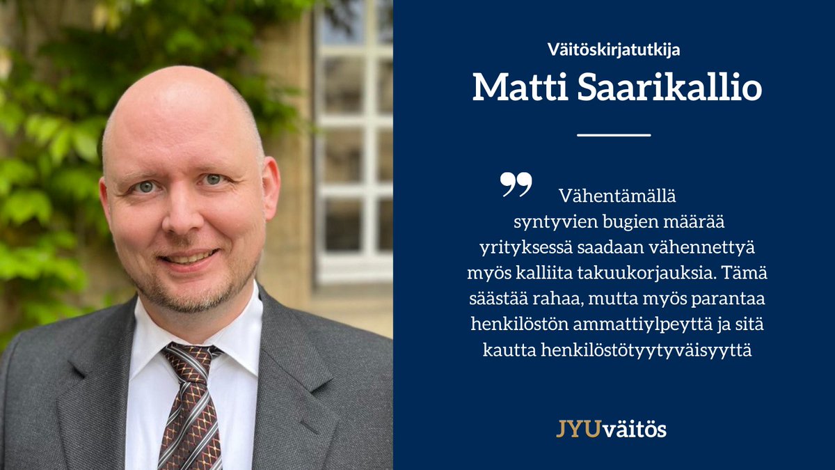 it_jyu's tweet image. DI Matti Saarikallio tarkasteli väitöskirjassaan ohjelmistotuotantoon erikoistuneita yrityksiä ja pyrki löytämään keinoja yritysten toiminnan parantamiseksi.

Tervetuloa seuraamaan väitöstä 4.6. klo 12. Väitöstä voi seurata verkossa r.jyu.fi/EvA

#ITkaikkialla
