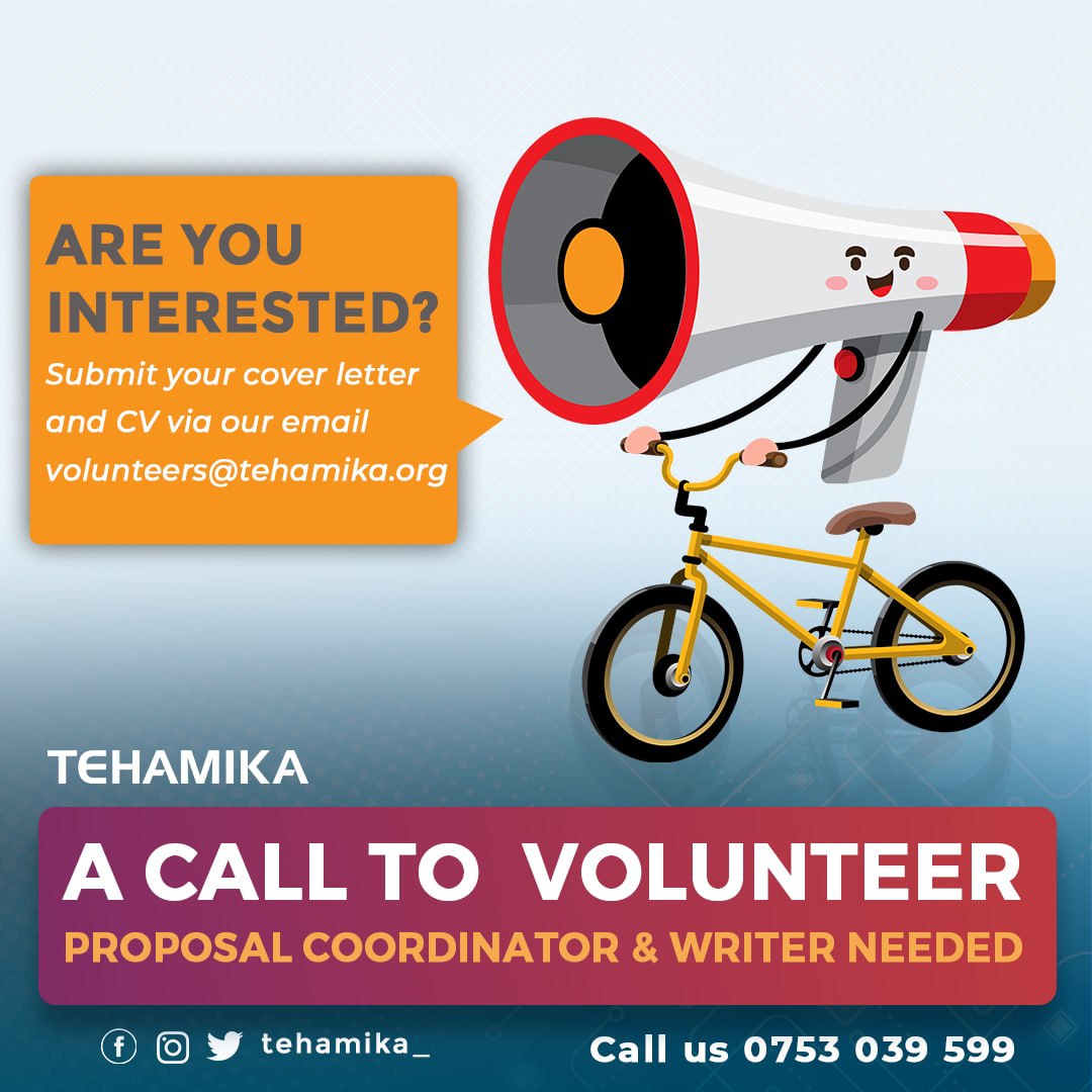 tehamika_'s tweet photo. #VOLUNTEER
Tehamika inapenda kukujuza wewe mwenye ujuzi na taaluma ya kuandaa #Proposal katika ya nafasi ya kujitolea. 
Tuma taarifa zako kupitia volunteers@tehamika.org
Kwa maelezo zaidi wasiliana kupitia 0753 039 599
#tehamika
#tehamikafursa
#technologyNGOs #Proposalvolunteers https://t.co/3hO1O6HonN