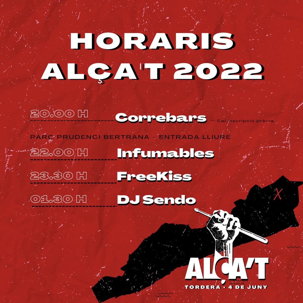 AlcatMJ's tweet photo. 🥳 Us deixem els horaris definitius del correbars i concerts de l’Alça’t 2022! 

📍A partir de les 19.30H acreditacions del correbars davant del Teatre Clavé. Trobareu tota la informació al mail que rebreu els inscrits durant els pròxims dies. https://t.co/g0yr8FYQs4