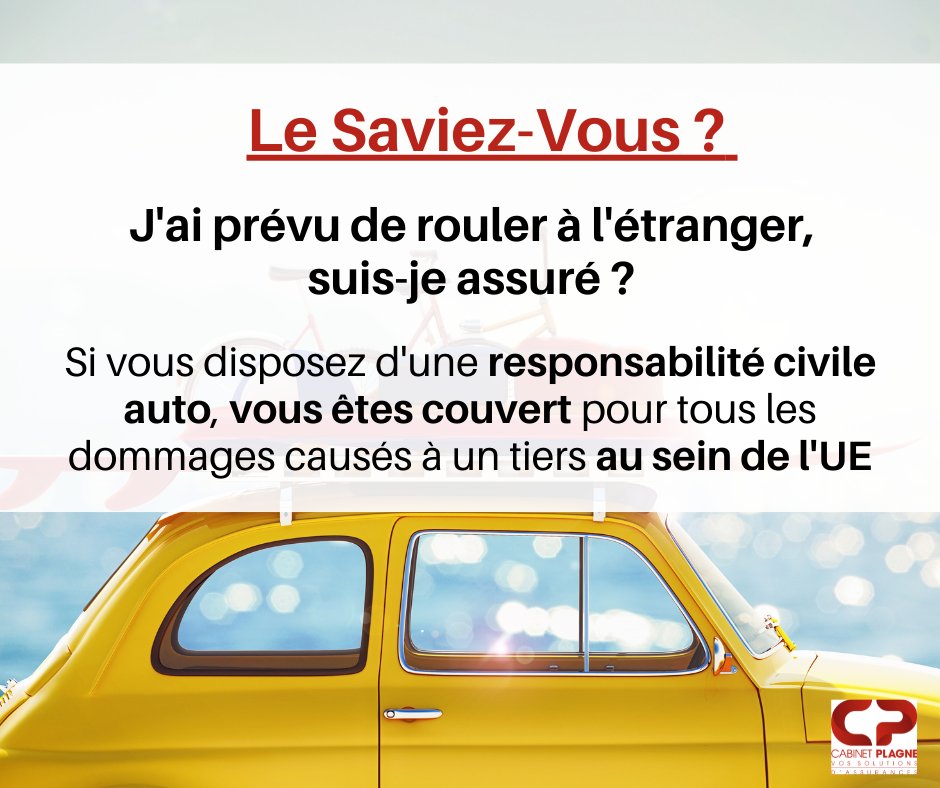 🚗 J'ai prévu de rouler à l'étranger, suis-je assuré ? 🇪🇺
✅ Si votre assurance auto Française dispose d'une garantie responsabilité civile auto, vous êtes couvert dans tous les pays de l'union Européenne. 💥
#auto #assurance #trajet #accident #vacances #été #Etranger #GENERALI
