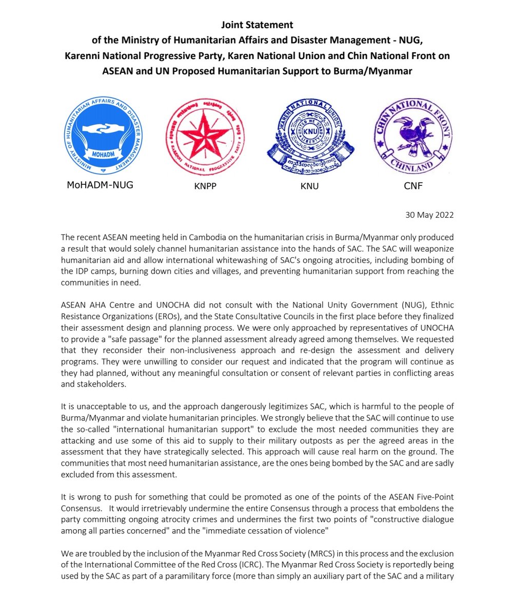 MayWongST's tweet photo. #Myanmar civilian @NUGMyanmar &amp; #ethnic armed groups like @knuhq said @AHACentre &amp; #UN reps turned down their request to reconsider #humanitarian aid delivery plans done via #military. Doing so is "unacceptable" they say &amp; only legitimizes Myanmar army #WhatsHappeningInMyanmar https://t.co/eHBRul4SRF