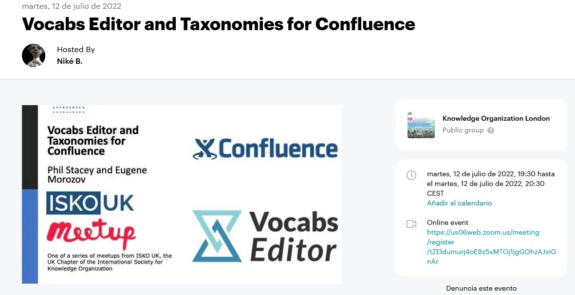 dokusare2's tweet photo. Para quienes usamos #Confluence, de interés, y para quienes usamos #taxonomías, todavía más. Totalmente gratis. Vocabs Editor and Taxonomies for Confluence https://t.co/lOUAHKF9mX #Meetup a través de @Meetup 
Thanks @ISKOUK #conocimiento #organización #digitalización #dokusare https://t.co/yNtPJZq2O7