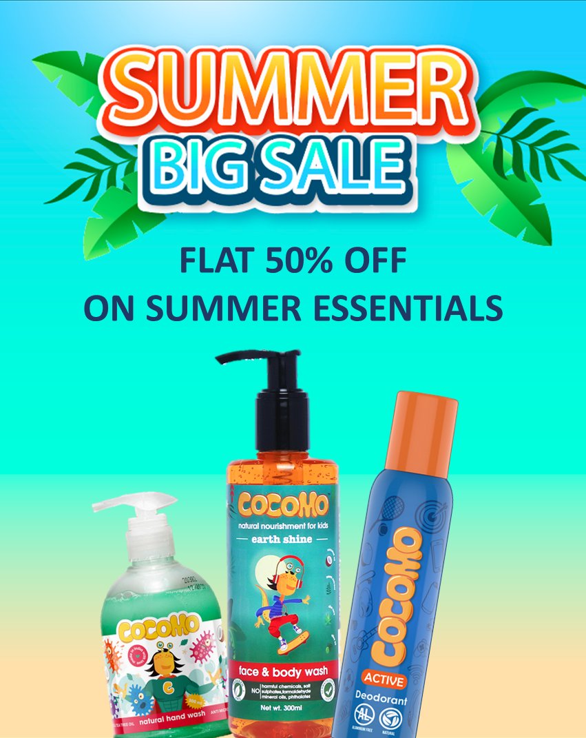 Cocomonatural's tweet photo. Cocomo Summer Sale! 
Get kids sunscreen, body wash, deodorants &amp; hand washes at a flat 50% off
Sale ends on 31st May.
⏰️Hurry Up!

Order now: https://t.co/uIzzjxVNtk https://t.co/38Q3bRzSGH