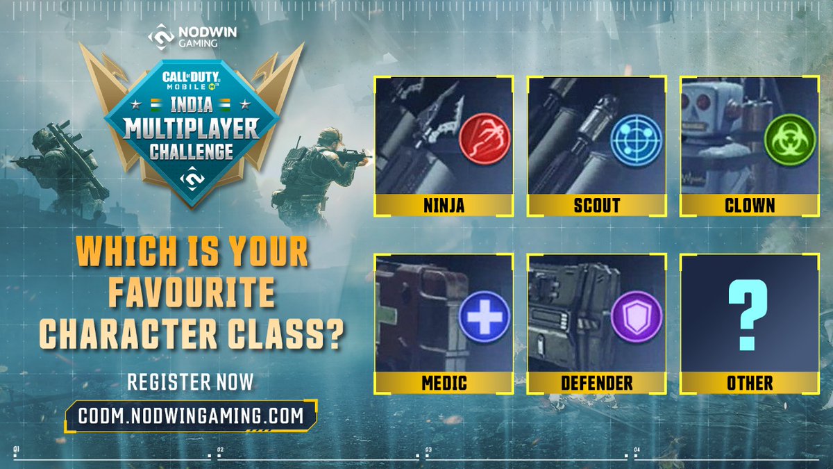 NodwinGaming's tweet photo. Let us know your preferred class for India's biggest CODM MP Challenge🔥 Registrations will be closing soon🔔 Hurry up &amp; register your squad through this link - 🔗 https://t.co/M5gk9oBovi

#codm #indiachallegne #favourite #characterclass https://t.co/RwLtMM9JXR