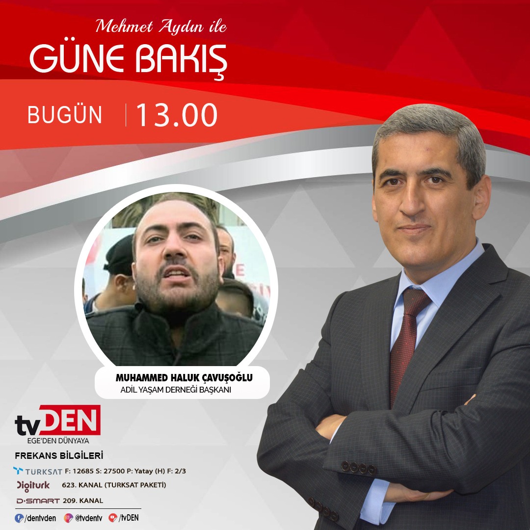 Bugün saat: 13.00'te, #tvDEN'deki GÜNE BAKIŞ programında Adil Yaşam Derneği Başkanı Muhammed Haluk Çavuşoğlu ile genel af talebini ve gerekçelerini konuşacağız. AF İSTİYORUZ diye haykıran kitlenin sesine tercüman olmaya çalışacağız.
<a href="/Mhalukcavusoglu/">M.Haluk Çavuşoğlu</a> 
<a href="/AdilYasamResmi/">Adil Yaşam Derneği</a> 
<a href="/aydindenge/">Aydın Denge Gazetesi</a>