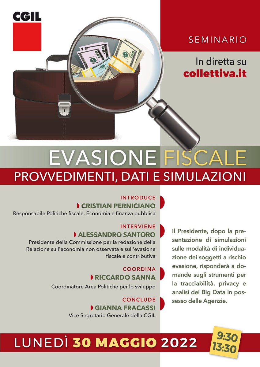 🧮 #EvasionFiscale 
Provvedimenti, dati e simulazioni 
#BigData #tasse #Bitcoin #Privacy
Question time con Alessandro Santoro <a href="/CPerniciano/">Cristian Perniciano</a> e <a href="/giannafracassi/">Gianna Fracassi</a>
📺Tra poco in diretta <a href="/collettiva_news/">Collettiva</a> <a href="/cgilnazionale/">CGIL Nazionale</a>