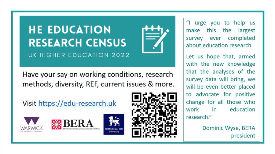 Working in education research/scholarship in #UK HE? The #HE #Education #Research #Census is now live!
Have your say on working conditions, research #methods, diversity, #REF, current issues &amp; more.

warwick.co1.qualtrics.com/jfe/form/SV_en…

<a href="/BERANews/">BERA</a>
<a href="/Warwick_Edu/">Warwick Education Studies</a>