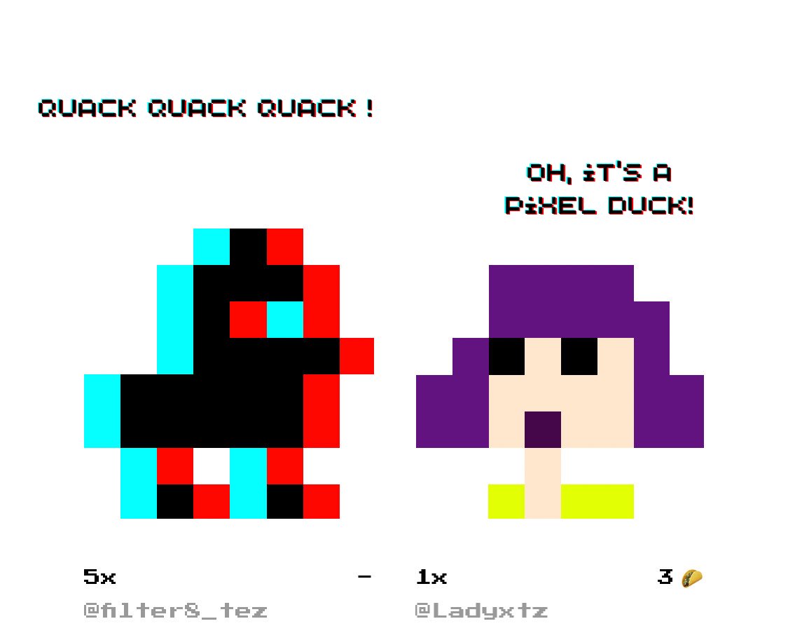 When @filter8_tez meets <a href="/Ladyxtz/">Lady Tezos</a> 
The two newest mints on the 8x8 marketplace.

👉 8x8.teztok.com

<a href="/8bidou/">8bidou</a> #pixel #8bit #tezos #lady #duck #anaglyph