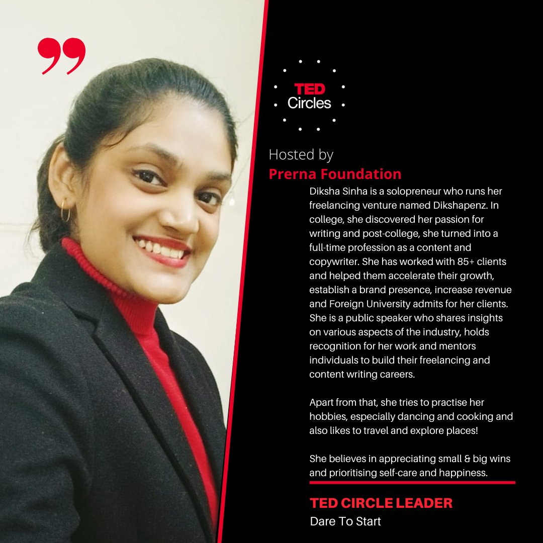 PrernaFoundn's tweet photo. #TedCirclesHostedByPrernaFoundation #May2022

We are thrilled to announce that the 18th Edition of TED Circles hosted by the Prerna Foundation to be hosted on 30th May 2022.

Theme - Dare to Start 

Ted Circle Leader - Diksha Sinha @dikshapenz https://t.co/gfqwK7Kgov