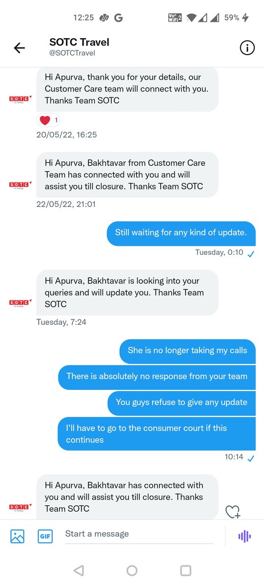 ApurvaSetia's tweet photo. The only response @SOTCTravel has even when their executive refuses to take any calls and " assist me till closure ". What a nightmare it has been asking for my own money back from such a reputed company. https://t.co/LYgATk2471