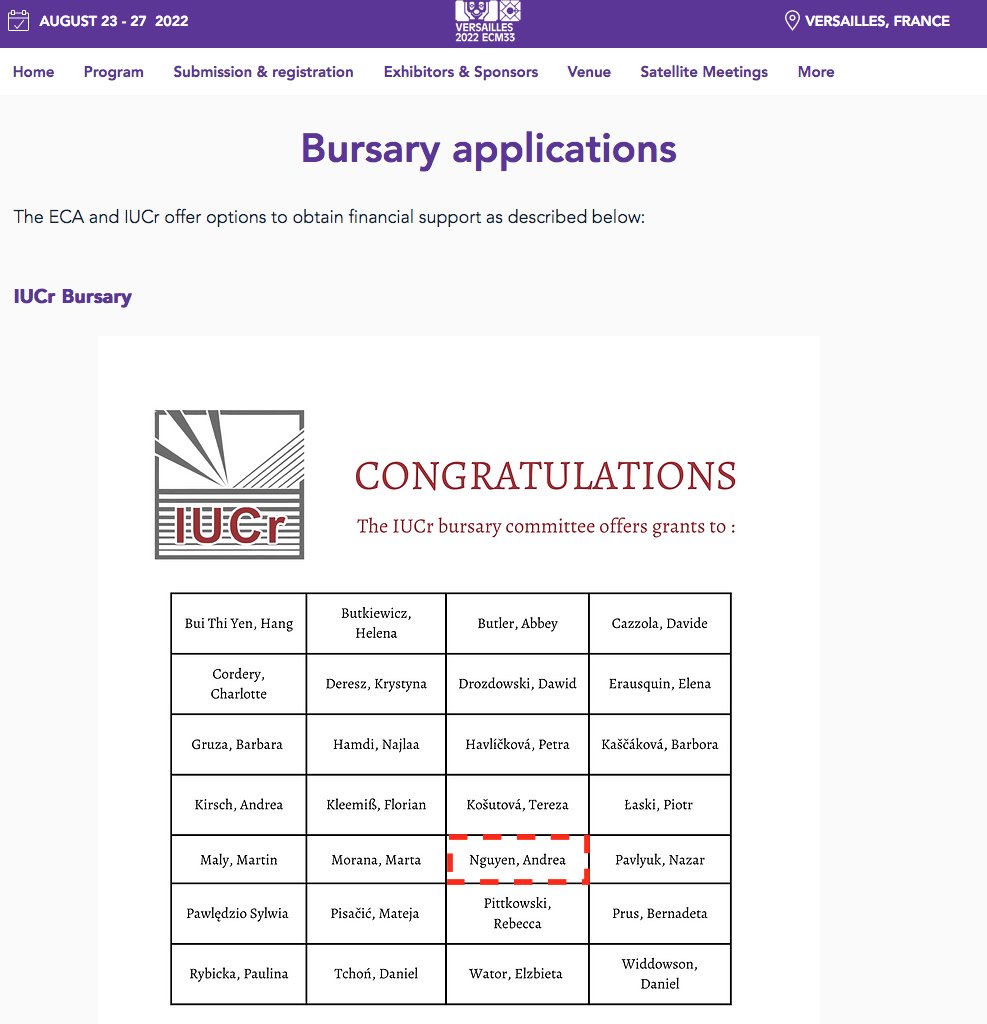 GrasLab's tweet image. Congratulations to @AndreaTNguyen from the @GrasLab on the award of the #IUCr bursary !!!! 🥳🥳🥳🍾🍾🍾 to attend the #ECM33 conference