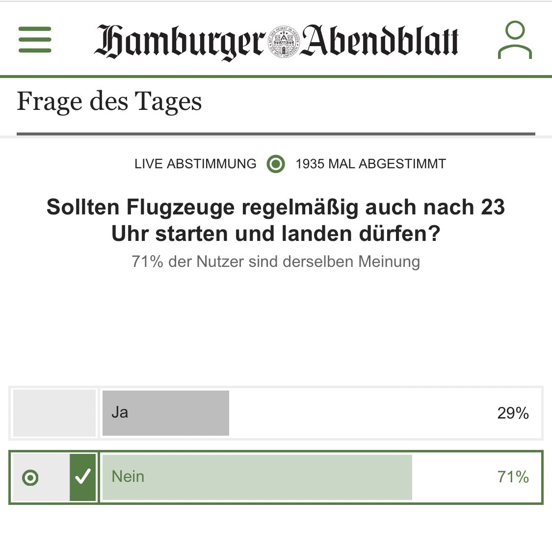 Was will das <a href="/abendblatt/">Hamburger Abendblatt</a> erreichen und welcher, (Entschuldigung) durchgeknallte Redakteur steckt dahinter? Oder ist es wieder der billige Lobbyismus der Flughafenindustrie, die ihr eigenes Unvermögen populistisch legitimieren will? #Nachtflugverbot #Flughafen #NachtsIstRuhe