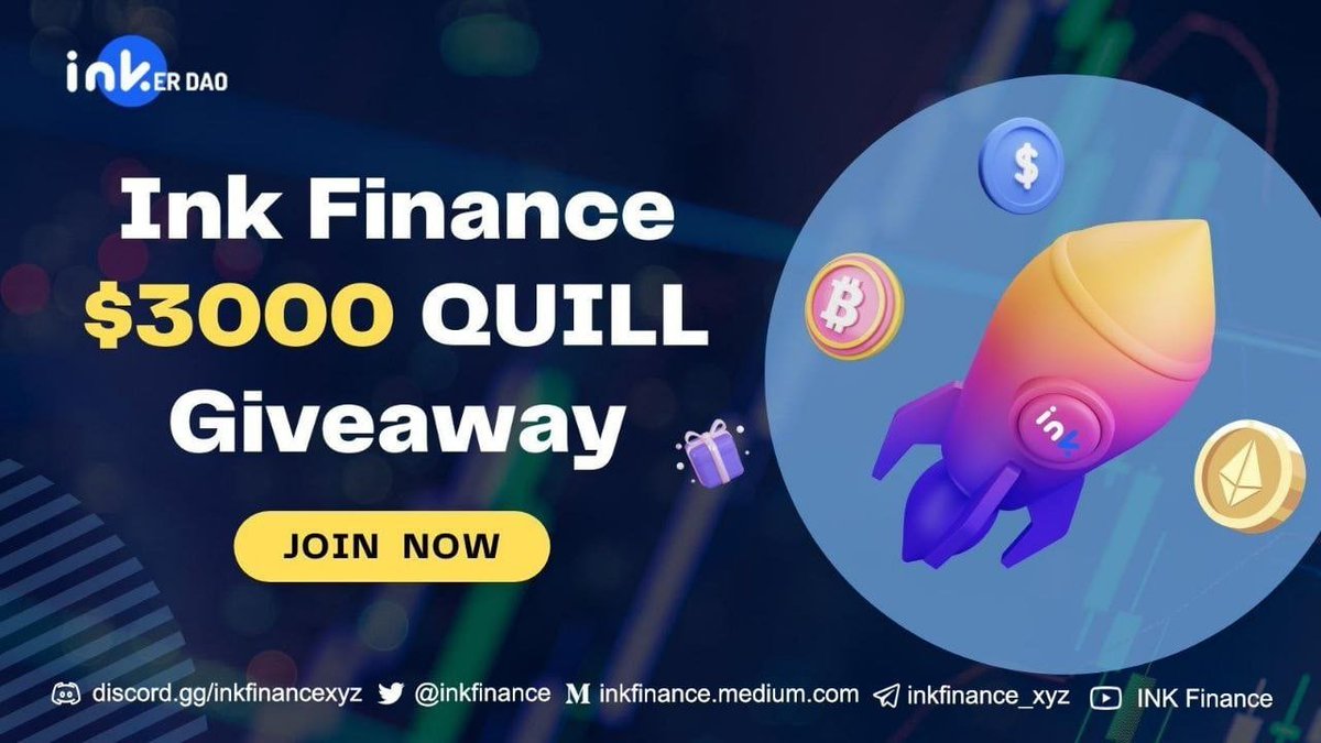 🚀 GiveAway: Ink Finance
💰 Value: 200 winners, $10 QUILL /each
👥 Referral: $50 QUILL
📅 End Date: 31st August, 2022
🏦 Distribution Date: 5 days after TGE

Go to the Airdrop Page
wn.nr/D9cVV5

#Airdrop #Airdrops #Crypto #Giveaway