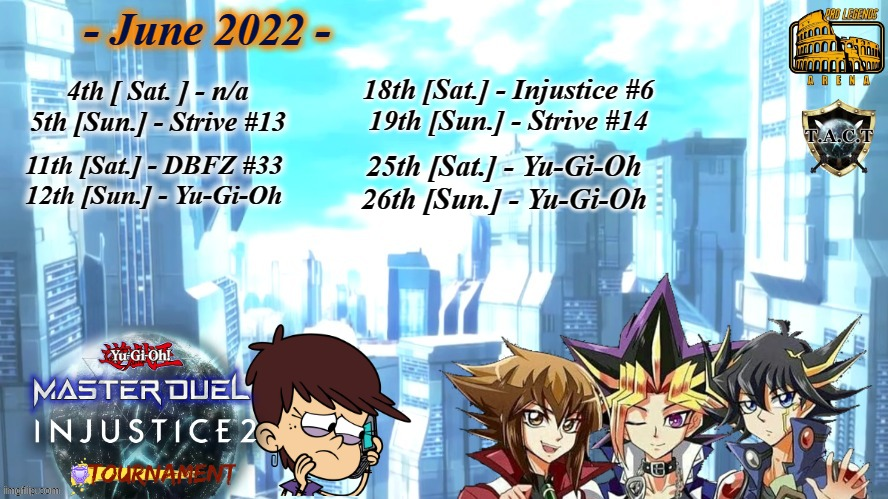 My official June PSN Calendar to stick to. you can also "!calendar" on stream &amp; you'll be brought here &amp; my Discord chart

- there's 1 DBFZ iacon, this is not a ban program this cycle🧠
- 2 Strives are at the start &amp; close of the month🍸
- YuGiOh debuts
#IaconBattleCircuit #FGC