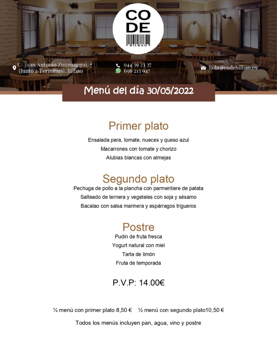 codebilbao's tweet photo. 🍴🥡Aquí tienes nuestro Menú del día🍽️ ¡Te esperamos!

📞 Llámanos 944 39 23 37
📲 Por Whatsapp 696 213 947
✉️Por email a pedidos@codebilbao.es
📌Restaurante: C/ Juan Antonio Zunzunegui, 7 Bilbao

#codebilbao #comerenbilbao #hosteleriasegura #salvemoslahoteleria https://t.co/piB0Ns6HdG