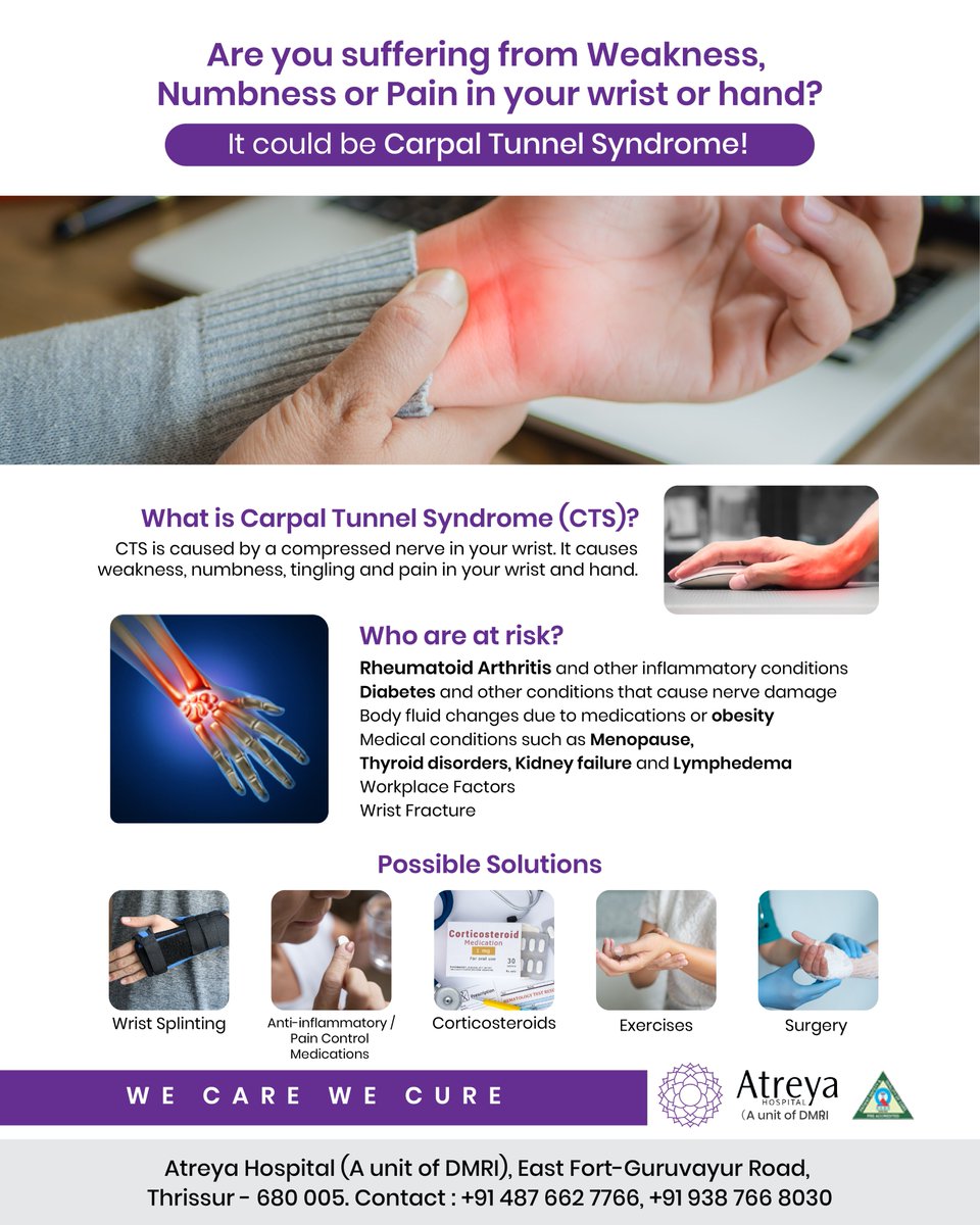 AtreyaHospital's tweet photo. If you frequently experience weakness, numbness, tingling or pain in your wrist or hand, it could be due to Carpal Tunnel Syndrome. CTS is common among people who have other medical conditions, especially inflammatory conditions or diabetes.
.
.
#neurospecialist #atreyahospital https://t.co/CcAQVug0DH