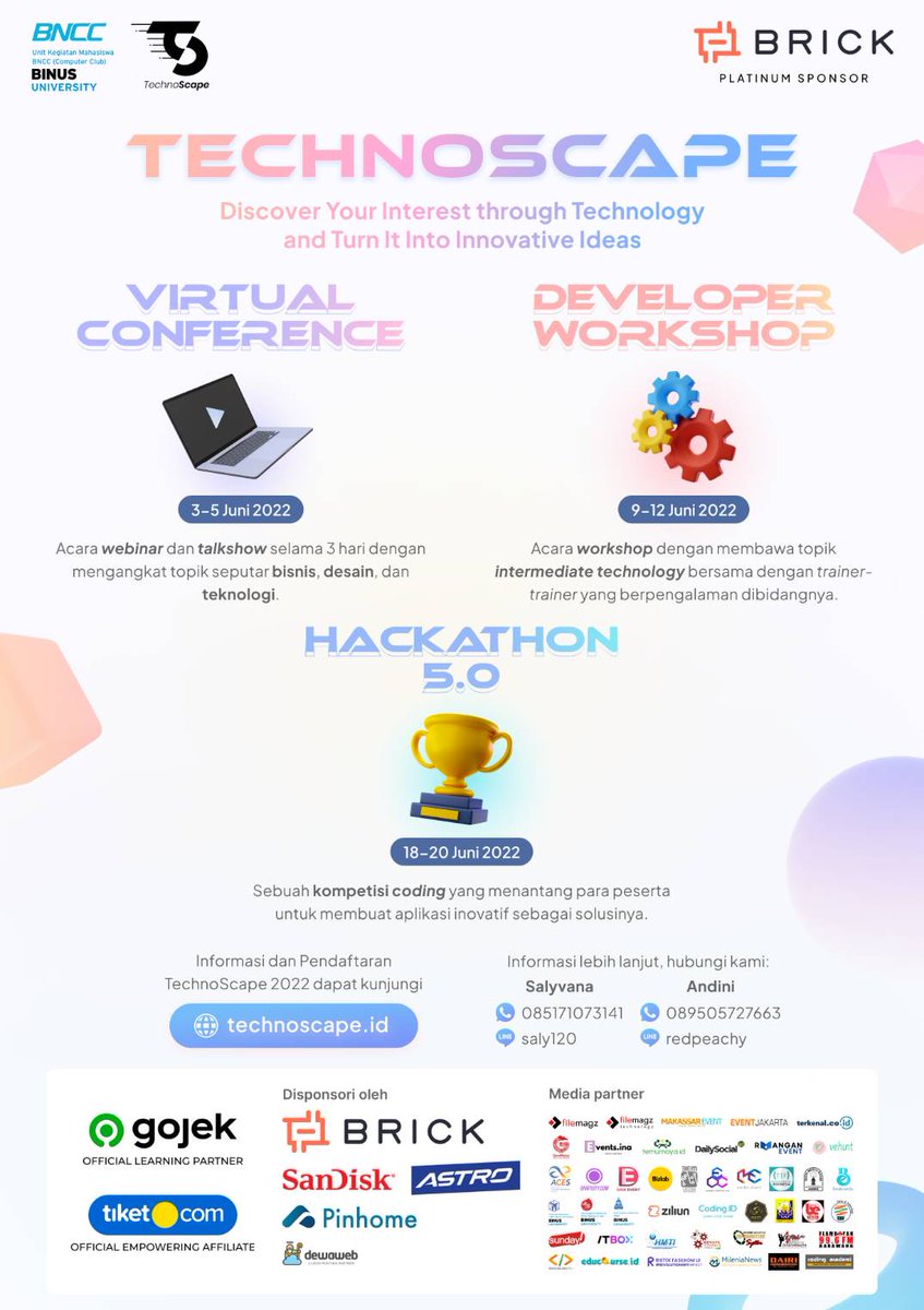 THE BIGGEST TECHNOLOGY EVENT IS BACK! 📢

TechnoScape kembali hadir dalam tiga rangkaian acara, Virtual Conference (3 Juni-5 Juni), Developer Workshop (9 Juni-12 Juni), dan Hackathon 5.0 (18 Juni-20 Juni).

🌐 Daftarkan dirimu segera melalui website:
technoscape.id
