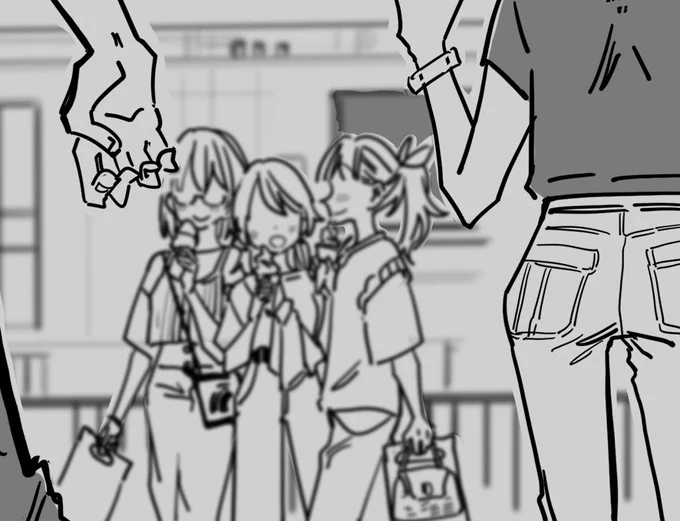 奥のモブも頑張って描いてる。週末商業施設いくと最近の中高生がまじオシャレでみんなかわいい。流行おさえたプチプラ服とかファッション垢とかあるからなのかか大人顔負けのコーデしててすごい。 