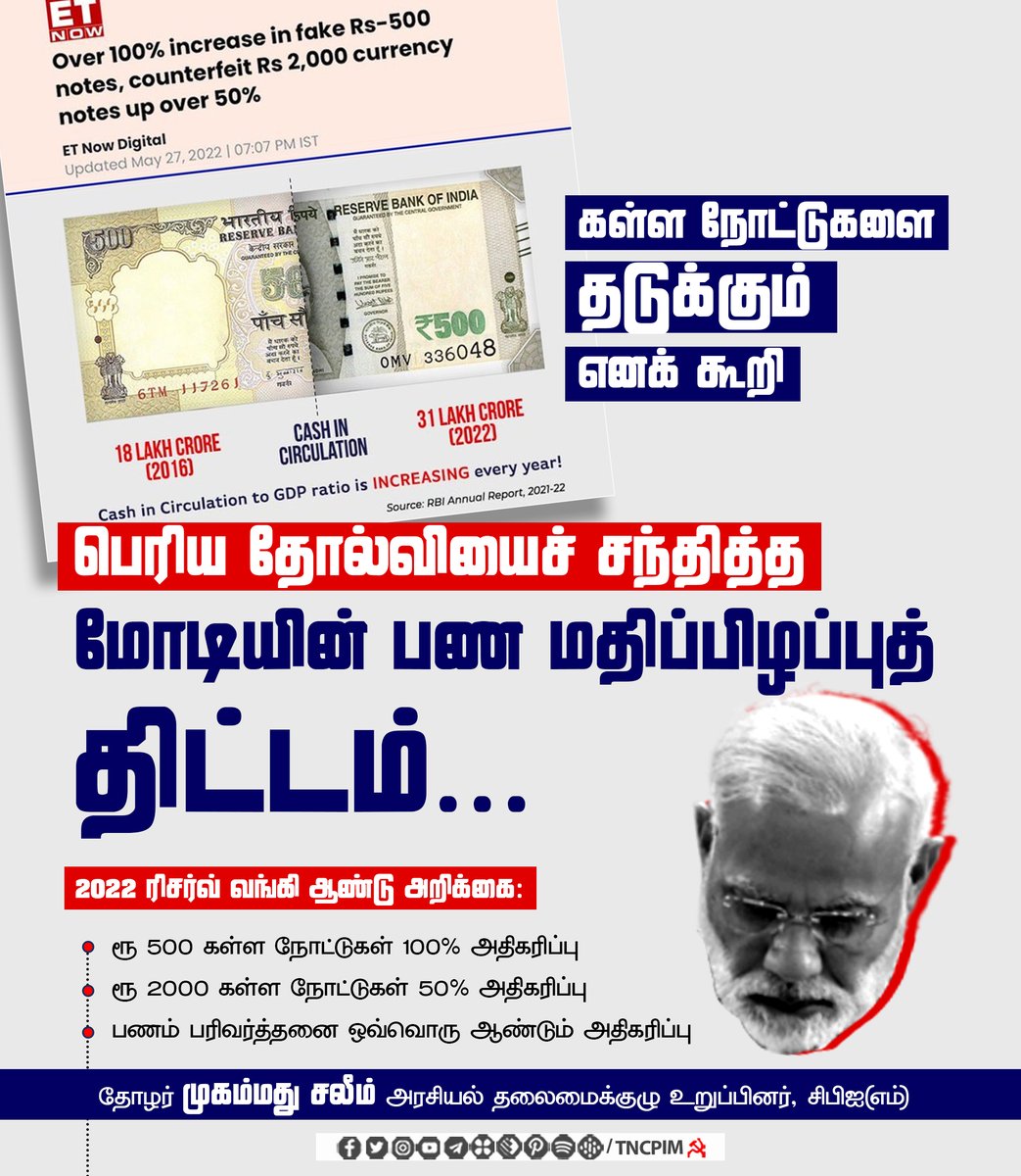 tncpim's tweet photo. கள்ள நோட்டுகளை தடுக்கும் எனக் கூறி பெரிய தோல்வியைச் சந்தித்த மோடியின் பண மதிப்பிழப்புத் திட்டம் - தோழர் முகம்மது சலீம், அரசியல் தலைமைக்குழு உறுப்பினர் #CPIM #FakeMoney #Demonteisation #Reservebank #PeopleSufferedPoor https://t.co/UtVEbHTTPH
