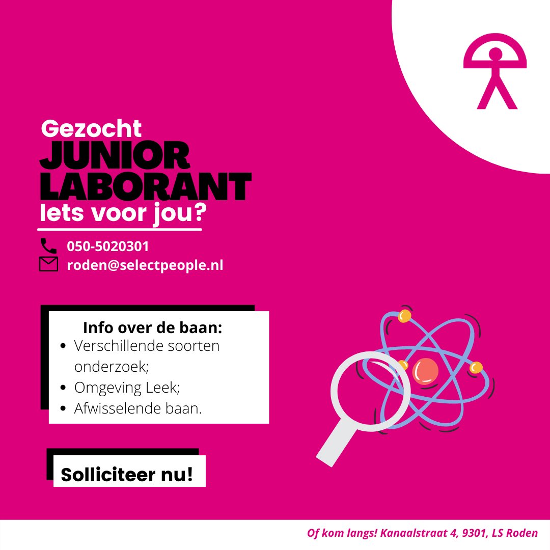 Zoek jij een afwisselende baan en werk jij graag in teamverband? Dan hebben wij een erg leuke vacature voor jou! Stuur ons een DM of bel 050-5020301 en wij nemen zo snel mogelijk contact met je op!

#laborant #vacatures