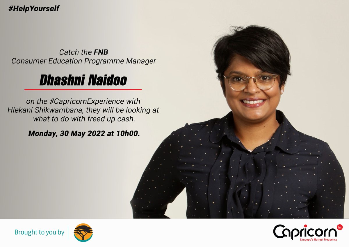 Join <a href="/hlekanis/">Hlekani Shikwambana</a> on the #CapricornExperience as she gets into an in-depth conversation with <a href="/FNBSA/">FNB South Africa</a>’s Consumer Education Project Manager, <a href="/DhashP/">Dhashni Naidoo</a> about what you can do with freed up cash. 

#HelpYourself | FNB’s Money Management Series.