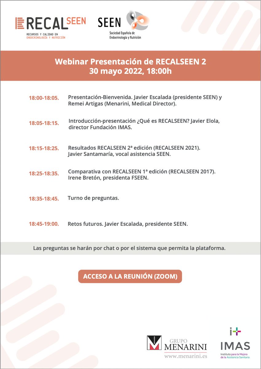 FundacionImas's tweet photo. Esta tarde no te pierdas el #webinar de presentación de #RECALSEEN, estudio que analiza el funcionamiento de los servicios de #endocrinología y #nutrición 👇
📆 30 de mayo
🕥 18:00 horas
🔗 webinar https://t.co/3L3r0KSgPQ
📖Informe completo https://t.co/Ovb8mXst1E https://t.co/C9MeI0l3s7