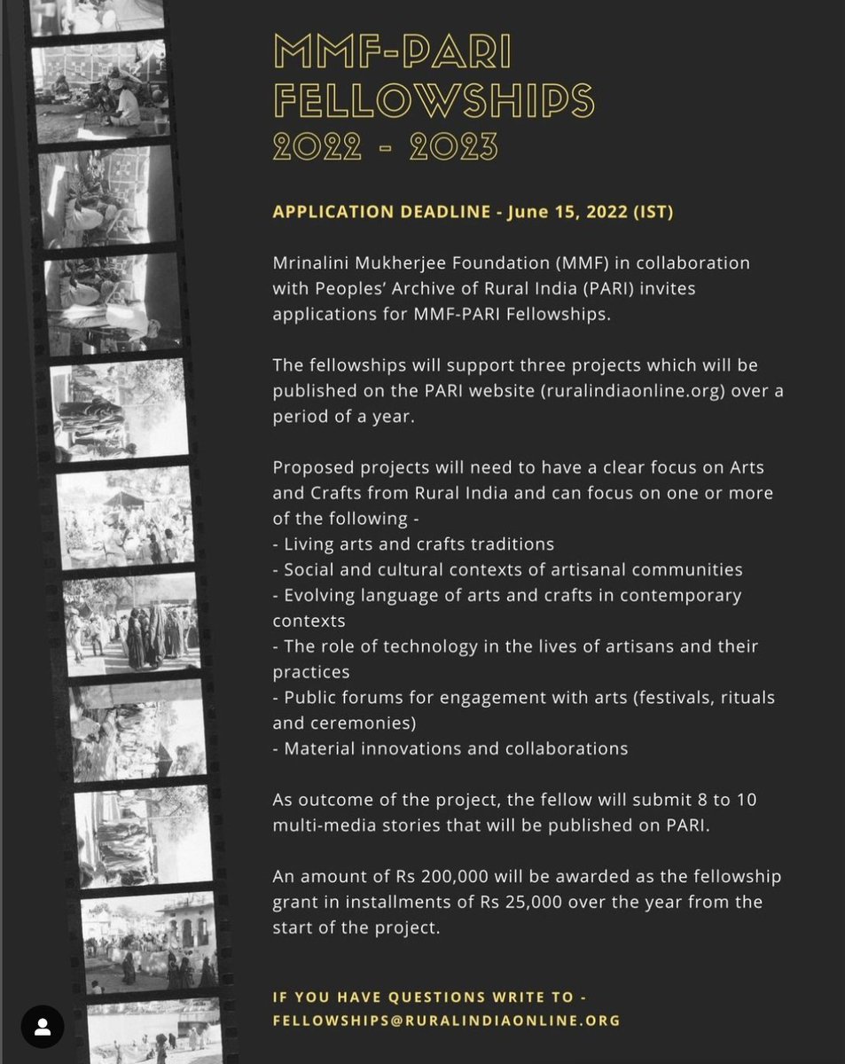 Mrinalini Mukherjee Foundation in collaboration with Peoples’ Archive of Rural India (PARI), invites applications for MMF-PARI Fellowships 2022 - 2023. 

More details in 🧵 below