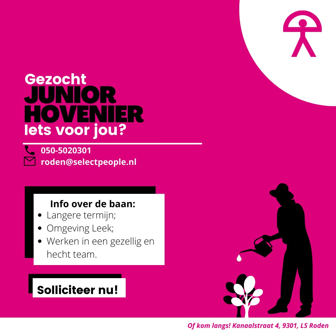 Heb jij groene vingers en zoek jij werk? Dan kan jij als junior hovenier aan de bak! Wil je meer weten? Bel ons dan via 050-5020301 of stuur ons een PB en wij nemen zo snel mogelijk contact met je op!

#vacature #hovenier