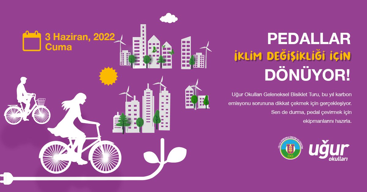 Pedallar İklim Değişikliği İçin Dönüyor.
<a href="/UgurOkullari/">Uğur Okulları</a> geleneksel bisiklet turumuzu bu yıl karbon emisyonu sorununa dikkat çekmek için gerçekleştiriyoruz.  🚵🏿‍♀️ 🚴‍♀️ 🚴‍♂️ 💜🤗