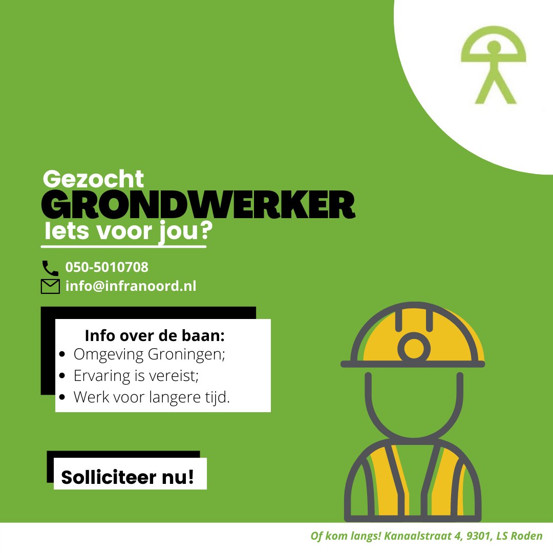 Wij zoeken een grondwerker in de omgeving van Groningen. Is dit iets voor jou? Stuur ons een DM of bel ons op 050-5010708 en wij nemen zo snel mogelijk contact met je op!

#vacature #vacatures