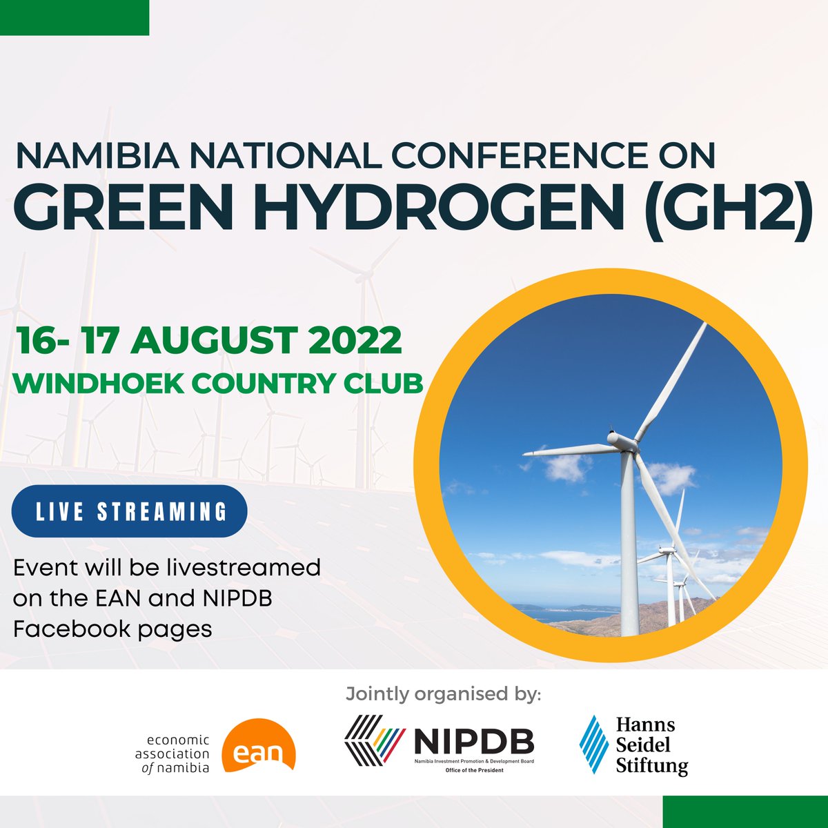 📢🔜The NIPDB alongside Economic Association of Namibia (<a href="/EANamibia/">Economic Association of Namibia</a>) and Hanns Seidel Foundation (<a href="/HSFNamibia/">HSF Namibia</a>) will be hosting a Namibia National Conference on #GreenHydrogen on 16 - 17 August 2022. 

More information will be announced in the coming weeks🙂

#InvestNamibia
