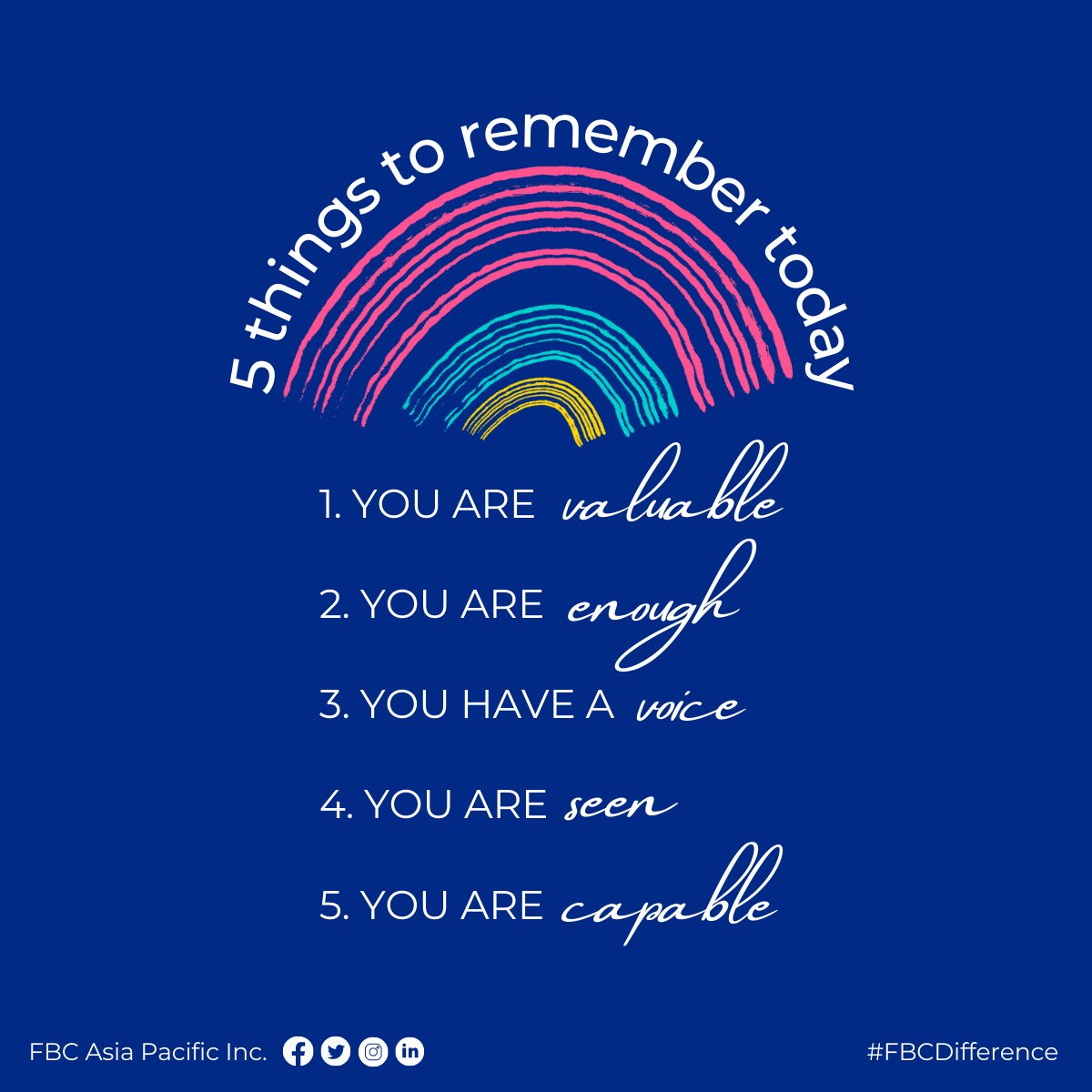 FBCAsiaPacific's tweet photo. May your week be full of positivity by keeping these 5 affirmations in mind!! 💯

#dailyaffirmations 
#mondaymotivation 
#FBC #FBCDifference https://t.co/hmyH2JJiyp
