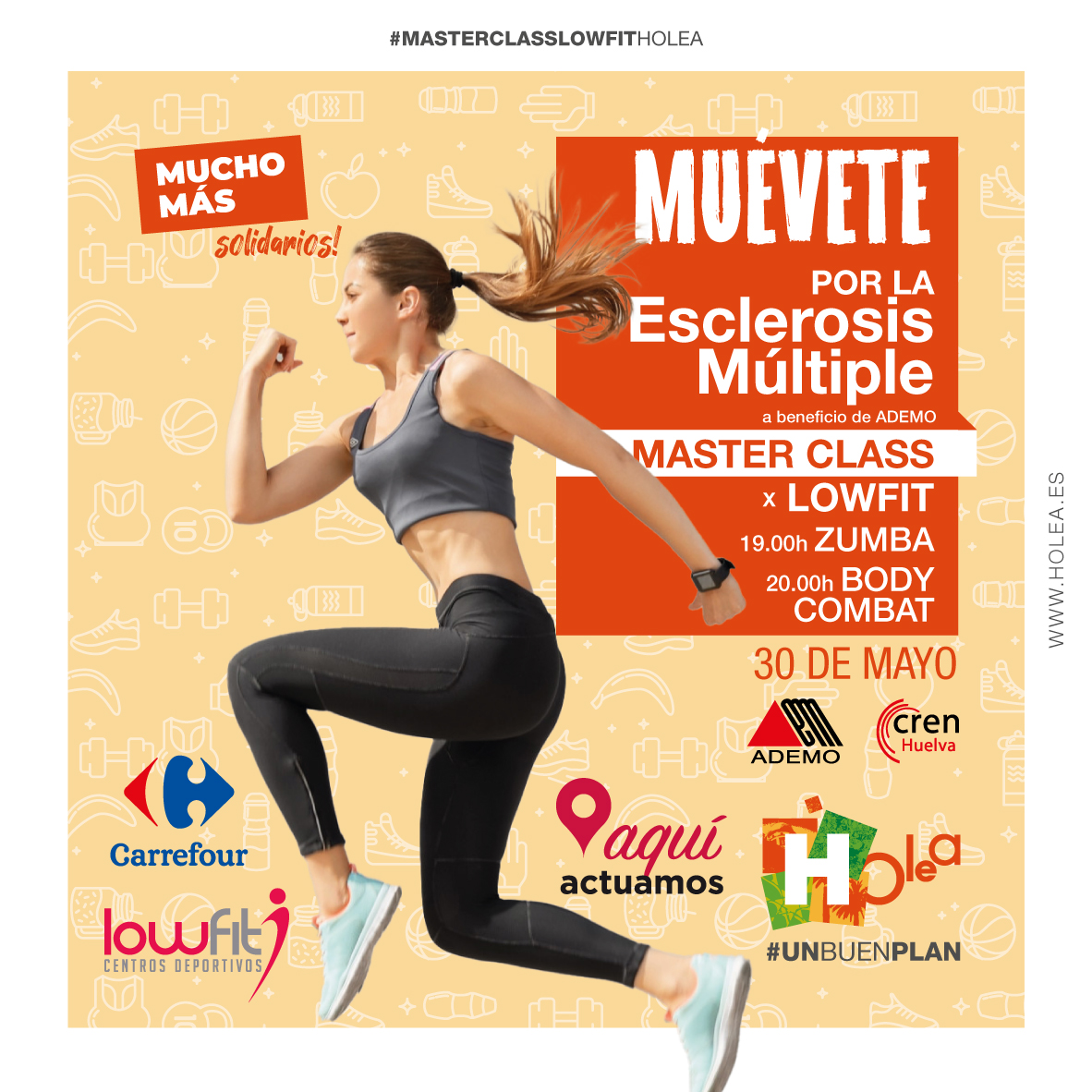 HoleaHuelva's tweet photo. Hoy es el #DíaMundialdelaEsclerosisMúltiple y en #Holea lo celebramos con una máster class de Zumba y Body Combat con #Lowfit a las 19.00h en la Plaza de la H 💪 Consigue tu camiseta solidaria en Atención al Cliente de Holea por un donativo de 3€ ❤️  @ademo_huelva @CarrefourES https://t.co/mCuXoqh1cg