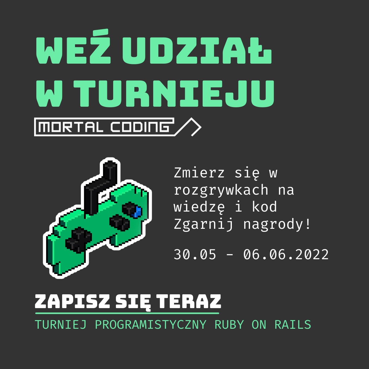 pdabrowski6's tweet photo. Are you a Ruby developer from Poland? 🇵🇱 Join #MortalCoding contest and win Nintendo Switch! https://t.co/FmTFu2oFF9 #RubyOnRails #100DaysOfCode #DEVCommunity #Ruby #Rails #100daysofcoding #100dayschallenge #CodeNewbies #longliveruby #coding #programmingisfun https://t.co/OtTuWBY45M